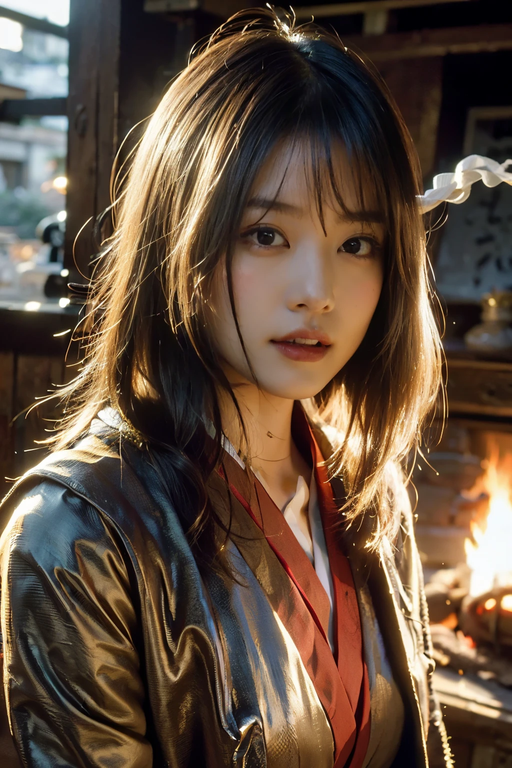 (((Realistic, masterpiece, best quality, crisp detail, high definition, high detail, sharp focus, perfect studio lightning))), 20 years old assassin, kasumi arimura, (car ears:1.3), 
wearing (((fully decorated golden armor, armored kimono))), fighting stance, dirty, sweating, blood scattered, bloodbath, carnage, fire everywhere, smoke everywhere, blood everywhere, death everywhere, japan bakumatsu period, (((dead bodies,carcass, ,fire,smoke,burned japanese castle village,hell) traditional village background)