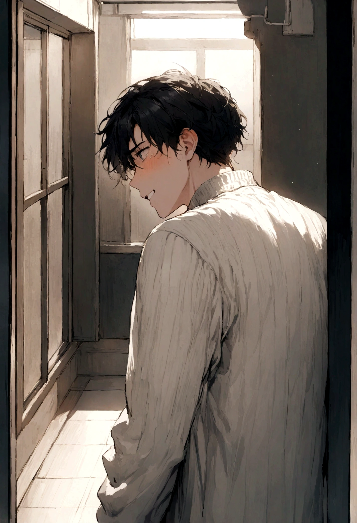 black hair,18 year old male wearing white sweater,Standing with your back to the window in the hospital hallway,look out the window with a sad expression,laugh and cry,tear(Upper body display:1.5)(movie lights:1.5))(extremely high details:1.5)(best quality:1.5)