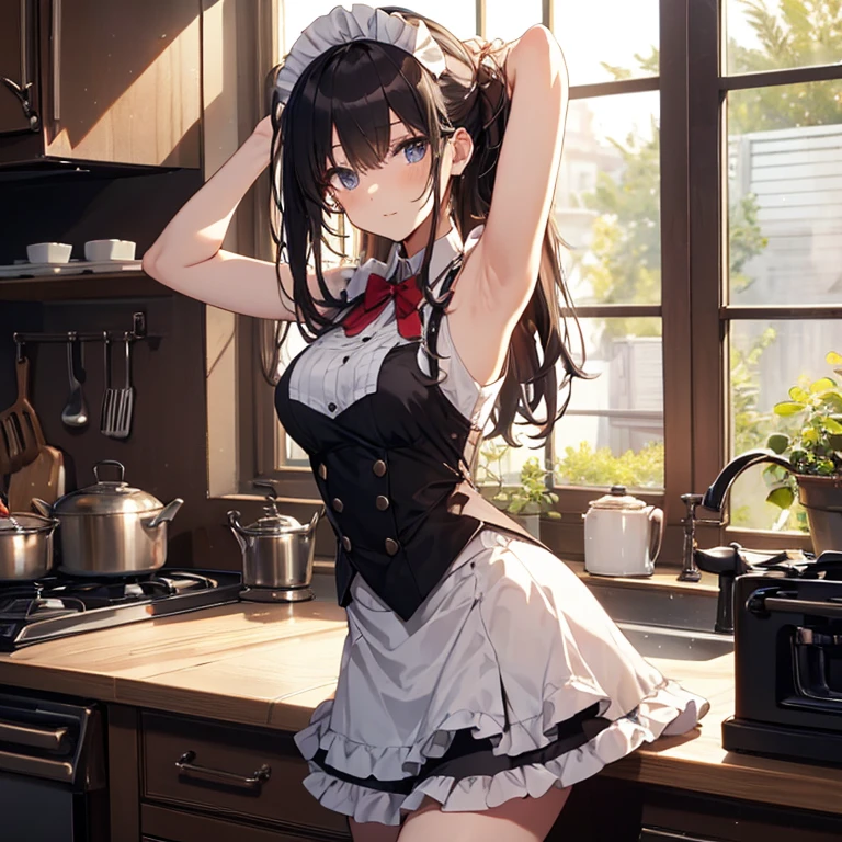 A maids, (in kitchen), various hair styles, night, details face, short skirt, seducing, sleeveless, maid uniform, armpits