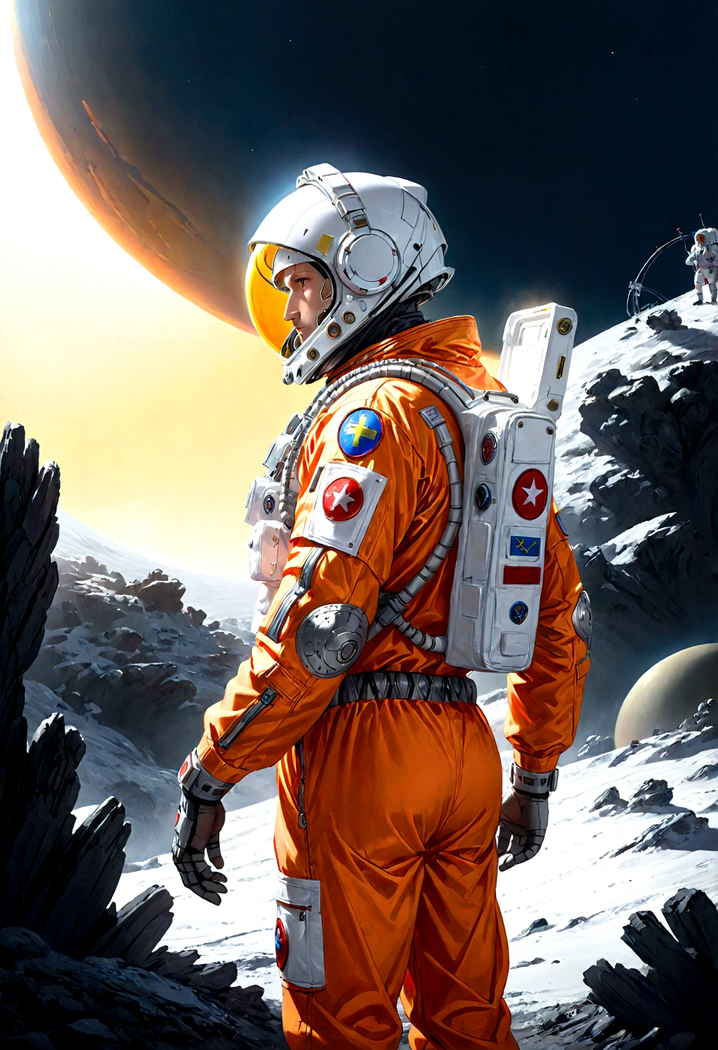 The astronaut is a 30-year-old man.., white and orange metallic clothing, ((ukrainian patches:1.5 )), cinematic, picture 촬영, half backlight, back light, dramatic lighting , incandescent light, soft lighting, Incredibly detailed and complex, hyper maximalist, Art, elegant pose, dynamic, picture, volume , very detailed, intricate details, Gwise의 very detailed 걸작, future environment