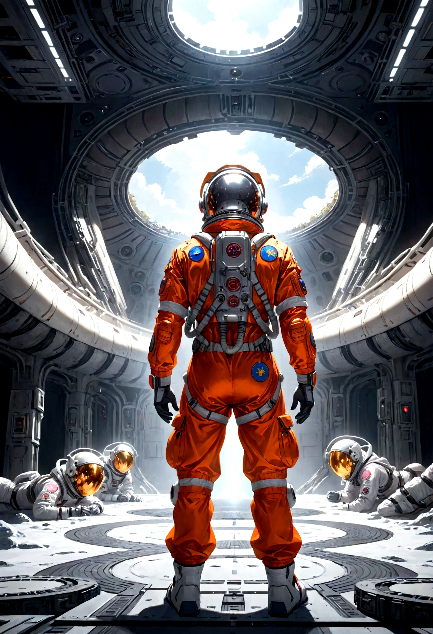 The astronaut is a 30-year-old man.., white and orange metallic clothing, ((ukrainian patches:1.5 )), cinematic, picture 촬영, half backlight, back light, dramatic lighting , incandescent light, soft lighting, Incredibly detailed and complex, hyper maximalist, Art, elegant pose, dynamic, picture, volume , very detailed, intricate details, Gwise의 very detailed 걸작, future environment