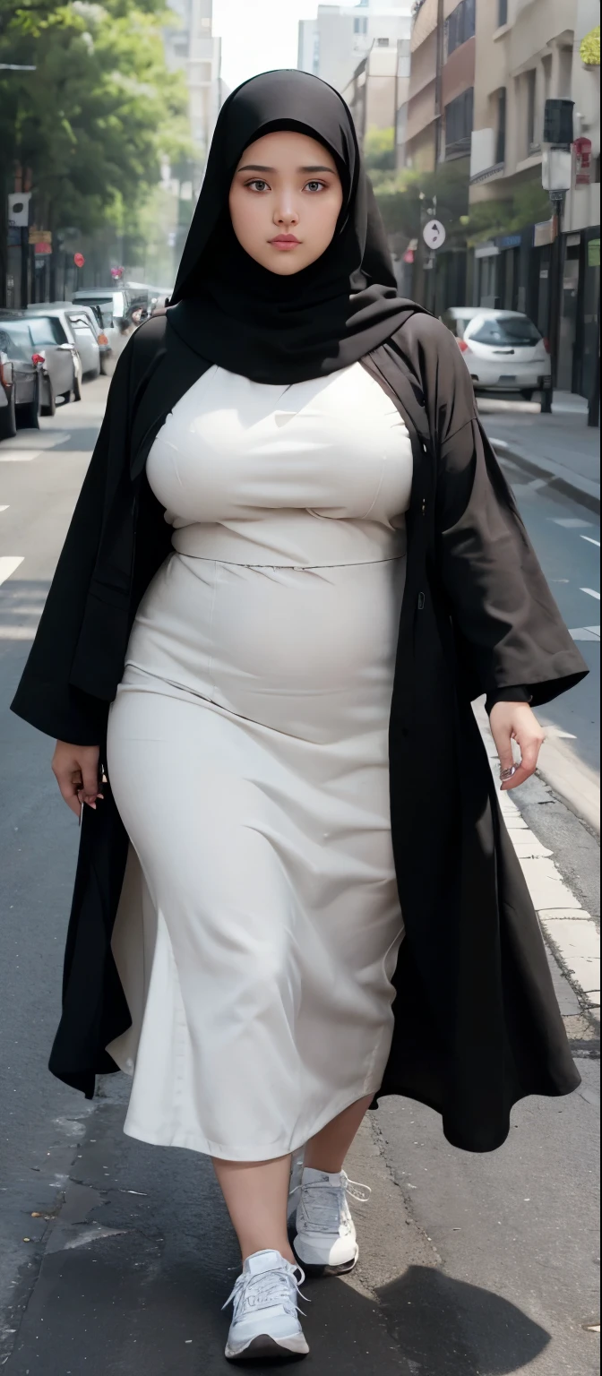 Milky white skin woman in black dress and hijab walking down the street, ,  hijab outfit, ,  hijab fashion model, plus size, plus size woman, ,  woman in black robes, beautiful woman, thicc, black outfit,, bbwchan , white sneakers , Height 170 cm, beautiful woman, with a beautiful appearance, a very beautiful masterpiece, a masterpiece of art, good lighting, Bright colors, Clean lines