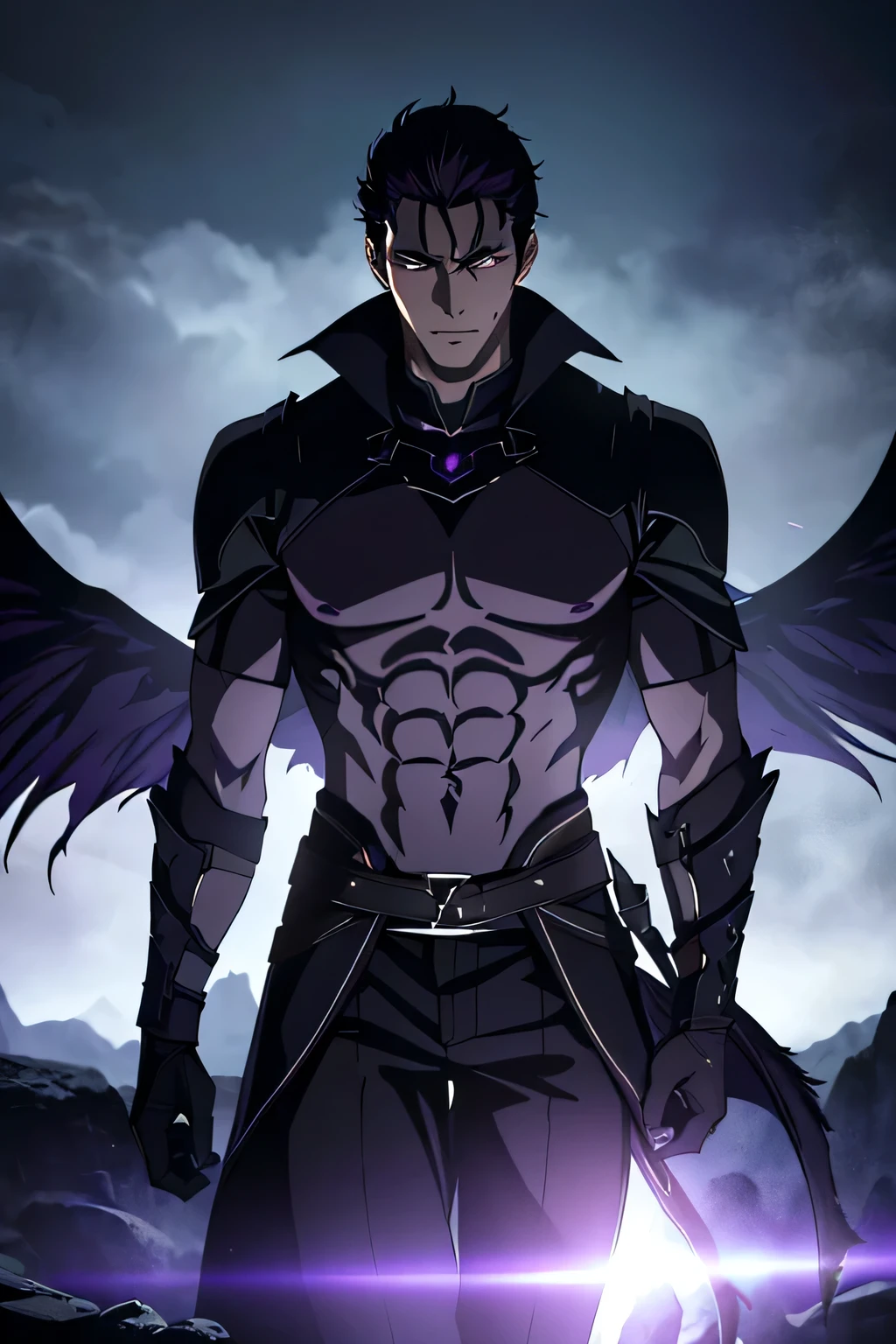 a tall dark handsome guy, 21 years old, male, young adult man, claw aura in hands, dark fae, short black hair, dark aura, reaper of night, evil aura, darkness background, demon black blue purple, shadowcreature, glowing black aura, glowing purple eyes, gapmoe yandere grimdark, avatar image, glowing creature, nge dark fantasy, dark purple aura, (best quality,4k,8k,highres,masterpiece:1.2),ultra-detailed,(realistic,photorealistic,photo-realistic:1.37),cinematic lighting,dramatic shadows,realistic digital painting,dark fantasy art,moody atmosphere,unreal engine,volumetric lighting,procedural textures