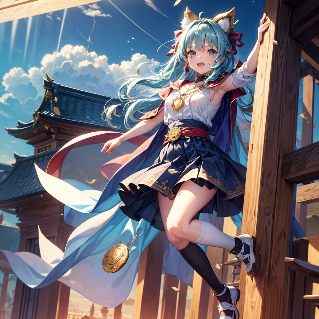 Aqua blue hair、Golden Eyes、Braid、One good looking girl、solo、anime、Checkered mini skirt、Ruffles on the skirt、Red T-shirt、Cape、Gothic、Black knee-high socks、bandana、Fluffy clothes、Wearing a ribbon、Ribbon on waist、Tilting face、Teeth are visible、Sunset sky、Piercing the clouds、Contrail、lotus leaves、Cumulonimbus、Pillar of Light、Silver coin necklace、A world of light、Spreading his arms for balance、shine、Tap from above、bell、torii