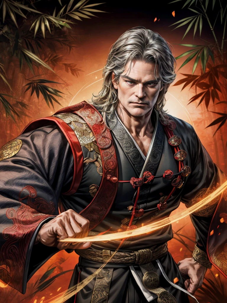 a highly detailed portrait of kurt russell, a mature and handsome man with angular features and a tall, muscular build, with black colored eyes, fine detailed facial features, and a focused gaze towards the viewer, against a backdrop of a bamboo forest with floating particles, dynamic poses and fighting stance with clenched fists, wearing fingerless gloves and wristbands, in taoist-themed robes with fluttering corners, creating a mysterious oriental medieval atmosphere, rendered with cinematic lighting, hyper-detailed and intricate photorealistic style, unreal engine, high dynamic range, super-resolution, volumetric effects, and a sense of depth of field.