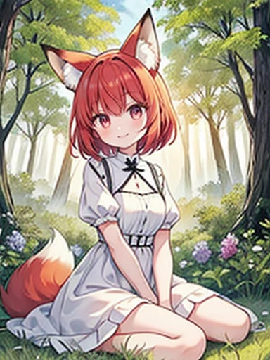 highest quality, High resolution, Perfect human structure, Background Focus, Front view, Shiny Hair, Glowing Eyes, Fox ears, Sitting, Pasture, White Dress, sunrise, Red hair short cut、 in the forest, Surrounded by butterflies, Smile, Gradient Eyes, Swept-apart bangs