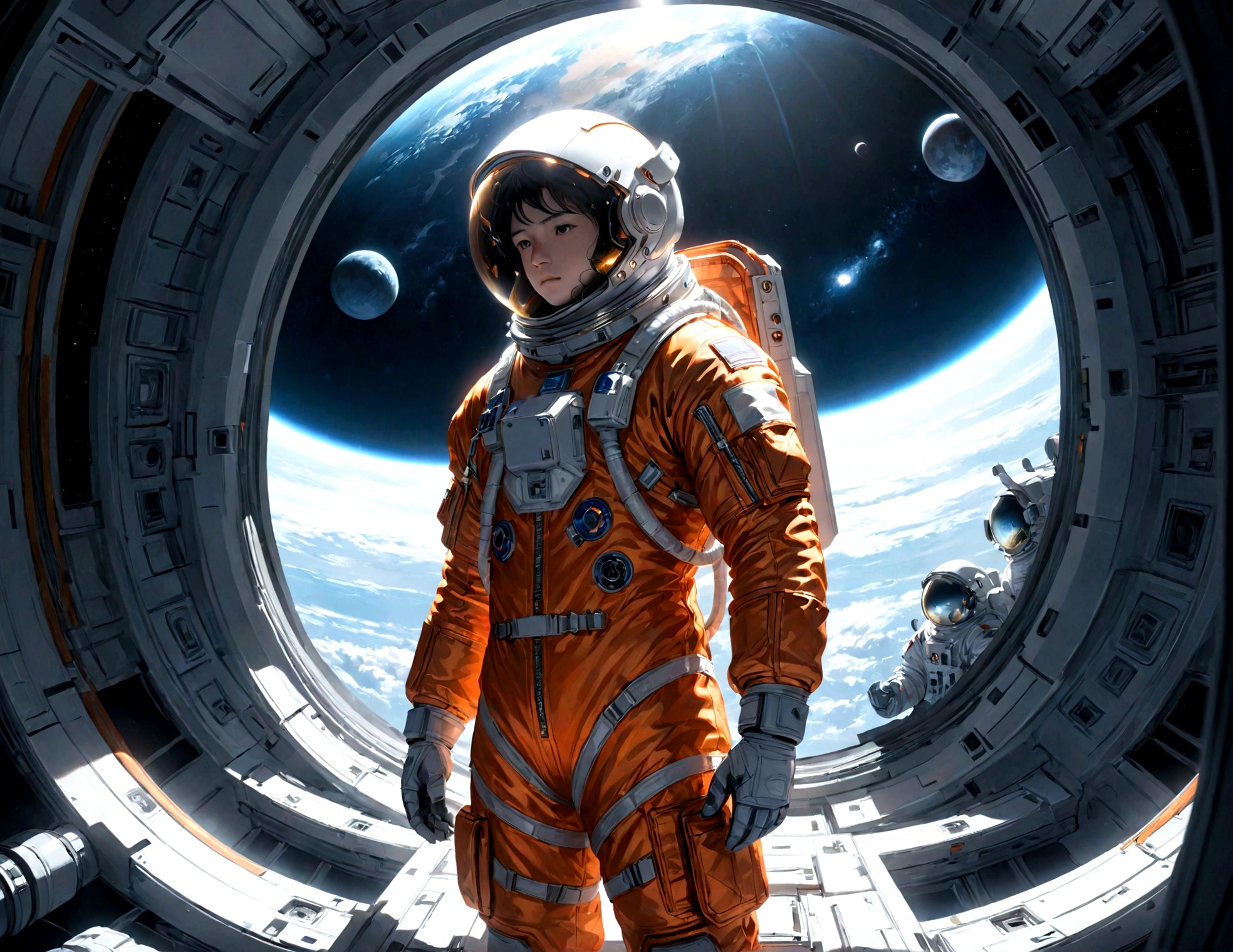 The astronaut is a 30-year-old man.., white and orange metallic clothing, cinematic, picture 촬영, half backlight, back light, dramatic lighting , incandescent light, soft lighting, Incredibly detailed and complex, hyper maximalist, Art, elegant pose, dynamic, picture, volume , very detailed, intricate details, Gwise의 very detailed 걸작, future environment