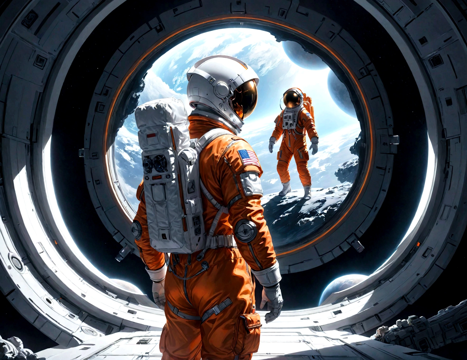 The astronaut is a 30-year-old man.., white and orange metallic clothing, cinematic, picture 촬영, half backlight, back light, dramatic lighting , incandescent light, soft lighting, Incredibly detailed and complex, hyper maximalist, Art, elegant pose, dynamic, picture, volume , very detailed, intricate details, Gwise의 very detailed 걸작, future environment