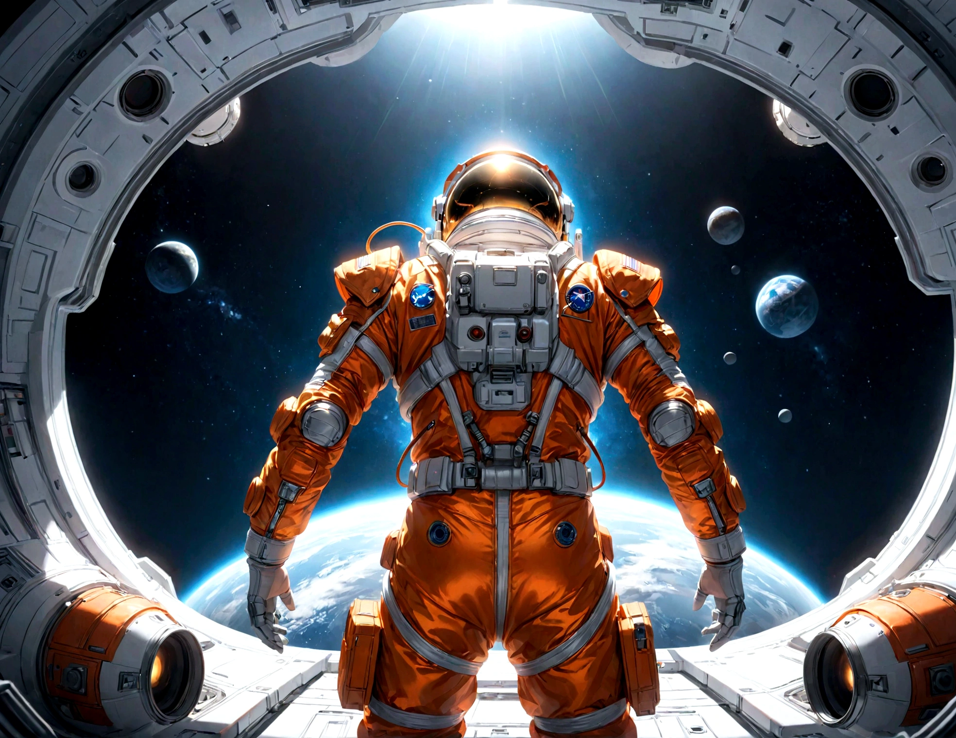 The astronaut is a 30-year-old man.., white and orange metallic clothing, cinematic, picture 촬영, half backlight, back light, dramatic lighting , incandescent light, soft lighting, Incredibly detailed and complex, hyper maximalist, Art, elegant pose, dynamic, picture, volume , very detailed, intricate details, Gwise의 very detailed 걸작, future environment