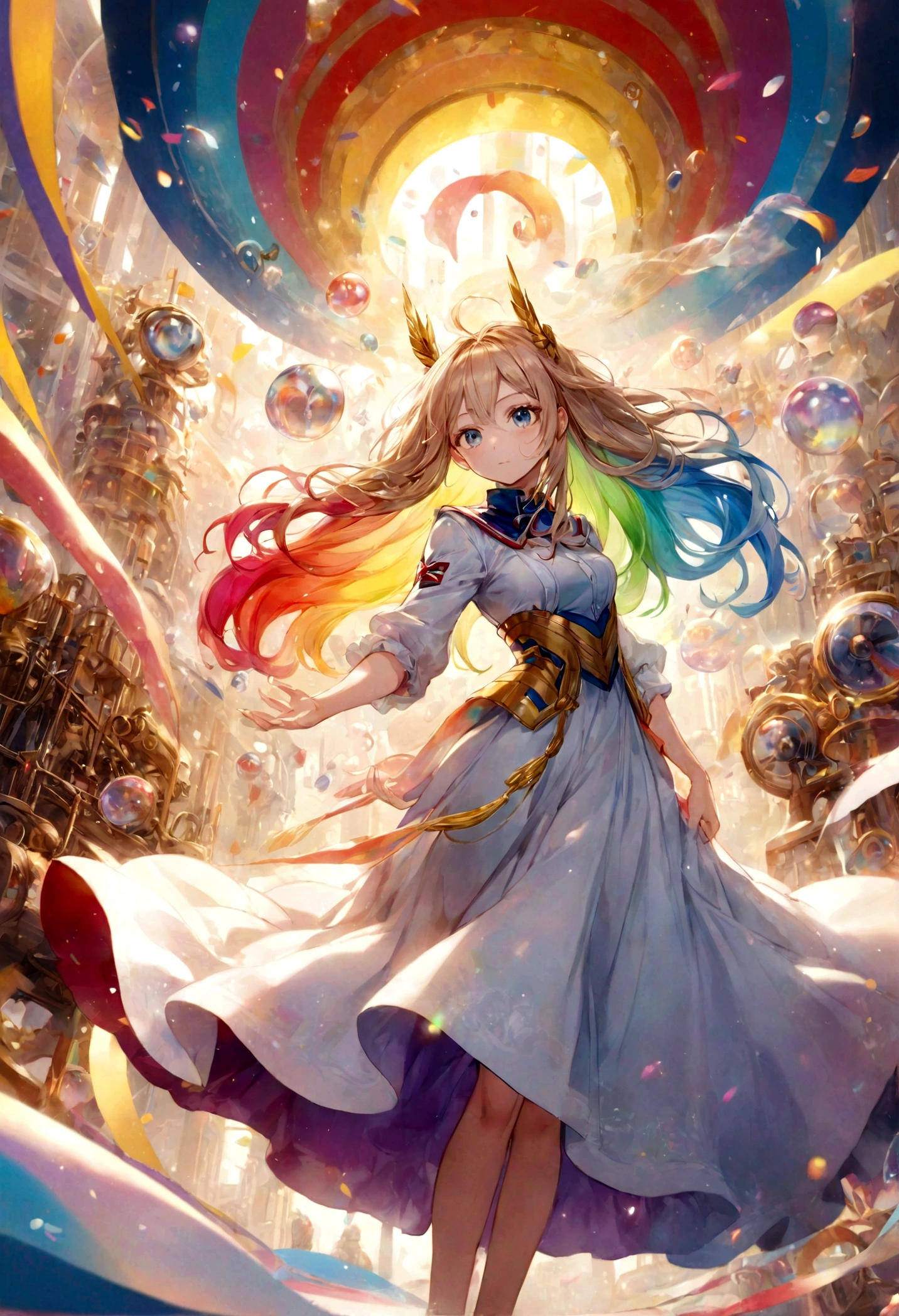 ((All Might, My Hero Academia), 1 person, alone, Hall々Standing, Surrounded by complex machinery, Wearing elegant clothing made from flowing fabrics, Confident expression, Captivating eyes, long flowing hair, Surrounded by floating objects and paraphernalia, Painted in vibrant colors, Magical atmosphere, Exquisite details showcasing her skill and craftsmanship, Capture her essence as a gifted and empowered individual. (highest quality, Super detailed, Realistic:1.37), Art Nouveau style, A warm and rich color palette, Soft and fantastic lighting, Rainbow-colored、Rainbow、Rainbow-coloredに輝く。