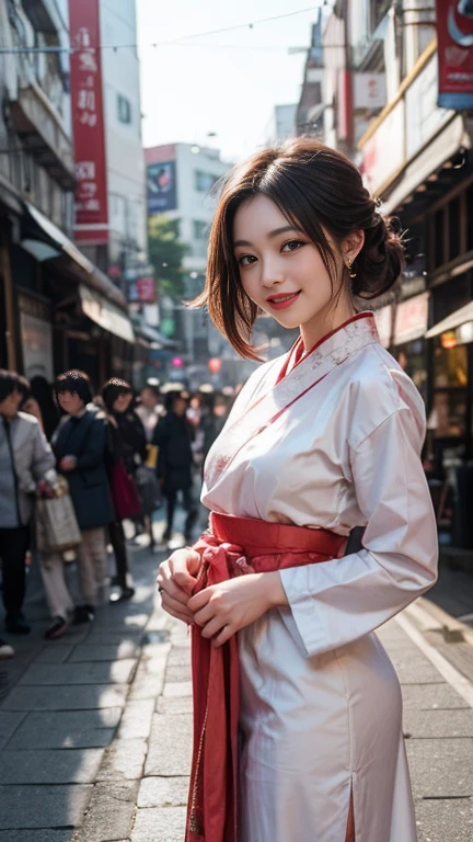 a beautiful detailed girl in traditional korean hanbok dress, smiling and posing in the streets of seoul, ultra-detailed, 8k, photorealistic, professional photography, warm lighting, soft focus, intricate details, vibrant colors, elegant, graceful