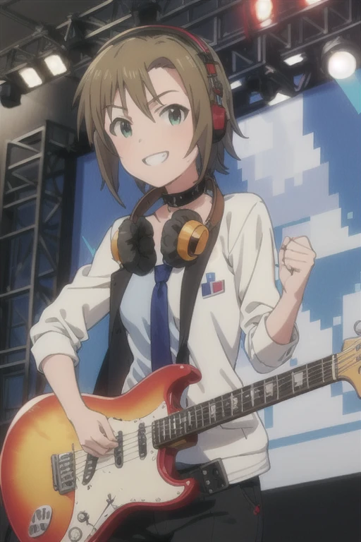(((pixel-perfect, detail-perfect))), solo, 1girl, riina tada, shirt white, jacket black, blue tie, choker, pants black, belts, playing electric guitar, headphones around neck, looking at viewer, live stage, sunglasses, grin