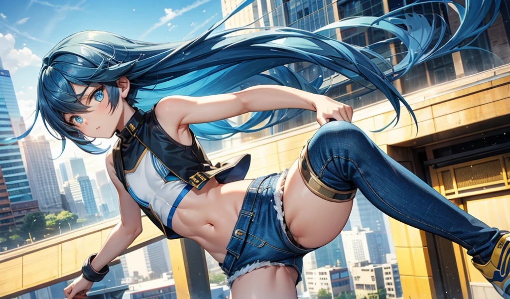 Twelve-year-old boy with long blue hair and golden eyes,flat chest,Very slim figure,Sports bras,Vest,Thin legs,Denim shorts,City