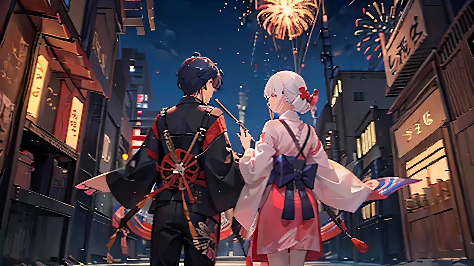 There are two people holding fireworks sticks with Japanese-style buildings in the background. It&#39;s dark and brightly lit. 