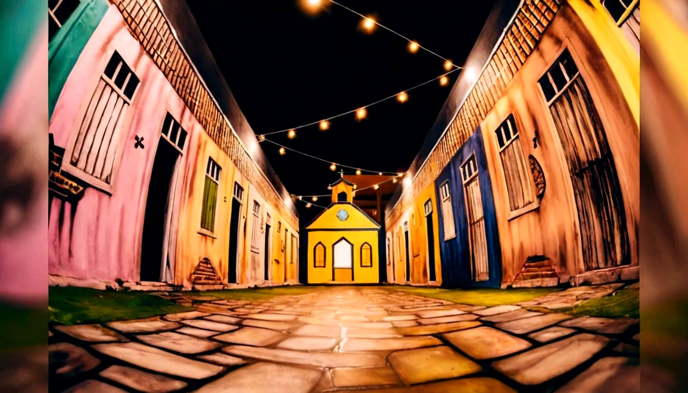 uma rua bem iluminada com uma igreja e um banco no meio, beautifully lit buildings, fundo da vila noturna, kingdom of light scenery, with bright lights at night, Nightlife buildings, fundo da cidade, a large open courtyard in an epic, em um beco durante o expurgo, arquitetura warcraft colorida, dance hall background, por Julia Pishtar, st john themed dirty streets scene