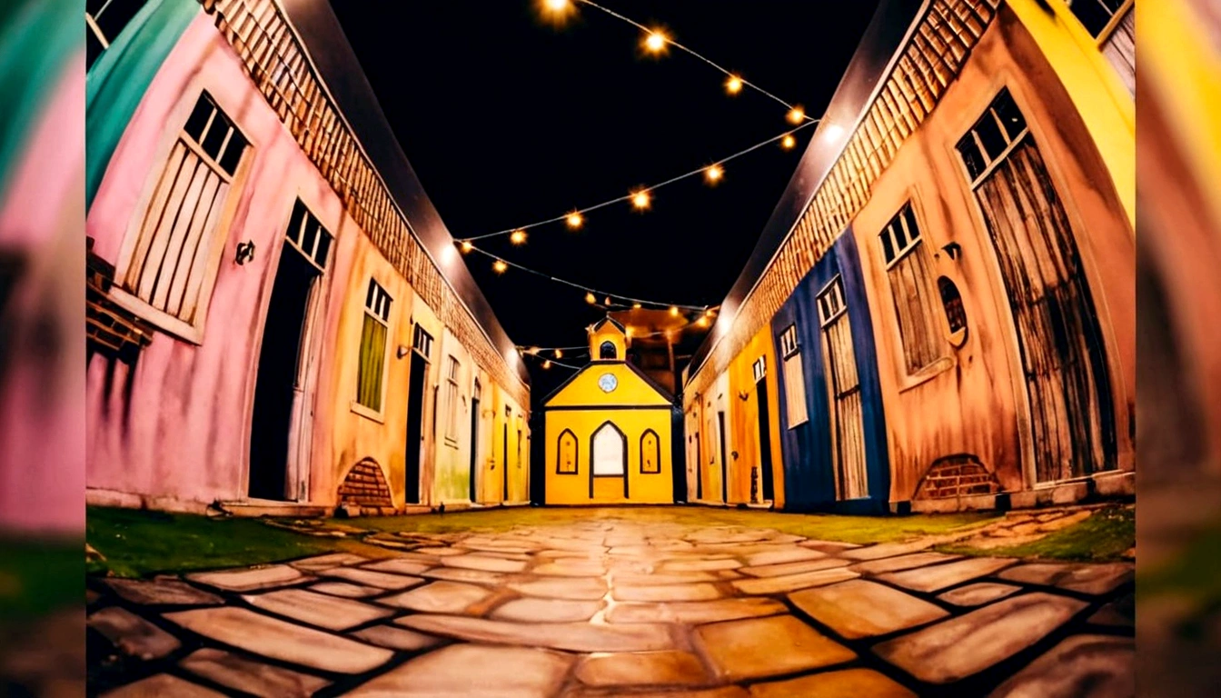 uma rua bem iluminada com uma igreja e um banco no meio, beautifully lit buildings, fundo da vila noturna, kingdom of light scenery, with bright lights at night, Nightlife buildings, fundo da cidade, a large open courtyard in an epic, em um beco durante o expurgo, arquitetura warcraft colorida, dance hall background, por Julia Pishtar, st john themed dirty streets scene