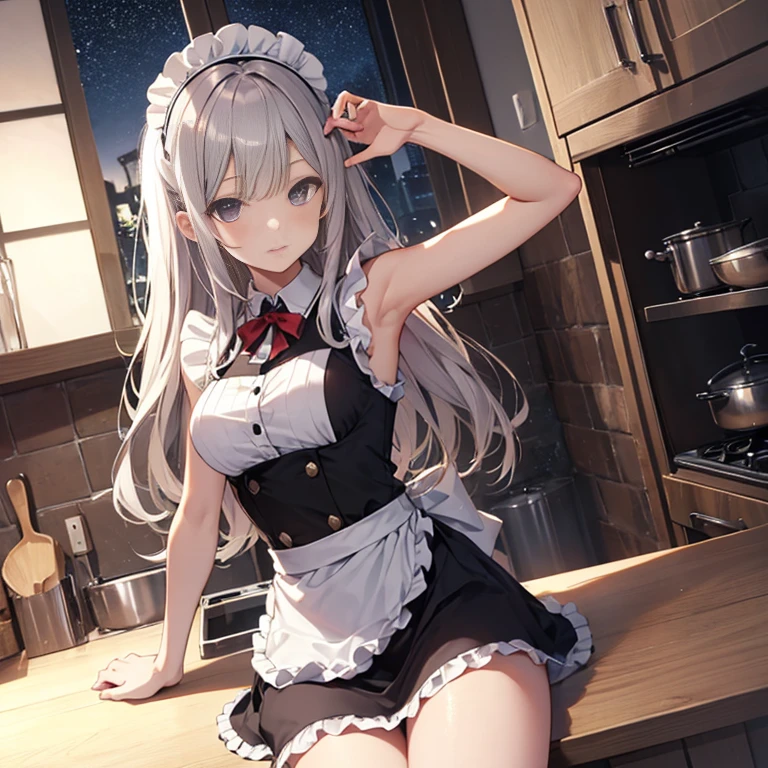 A maids, (in kitchen), various hair styles, night, details face, short skirt, seducing, sleeveless, maid uniform, armpits