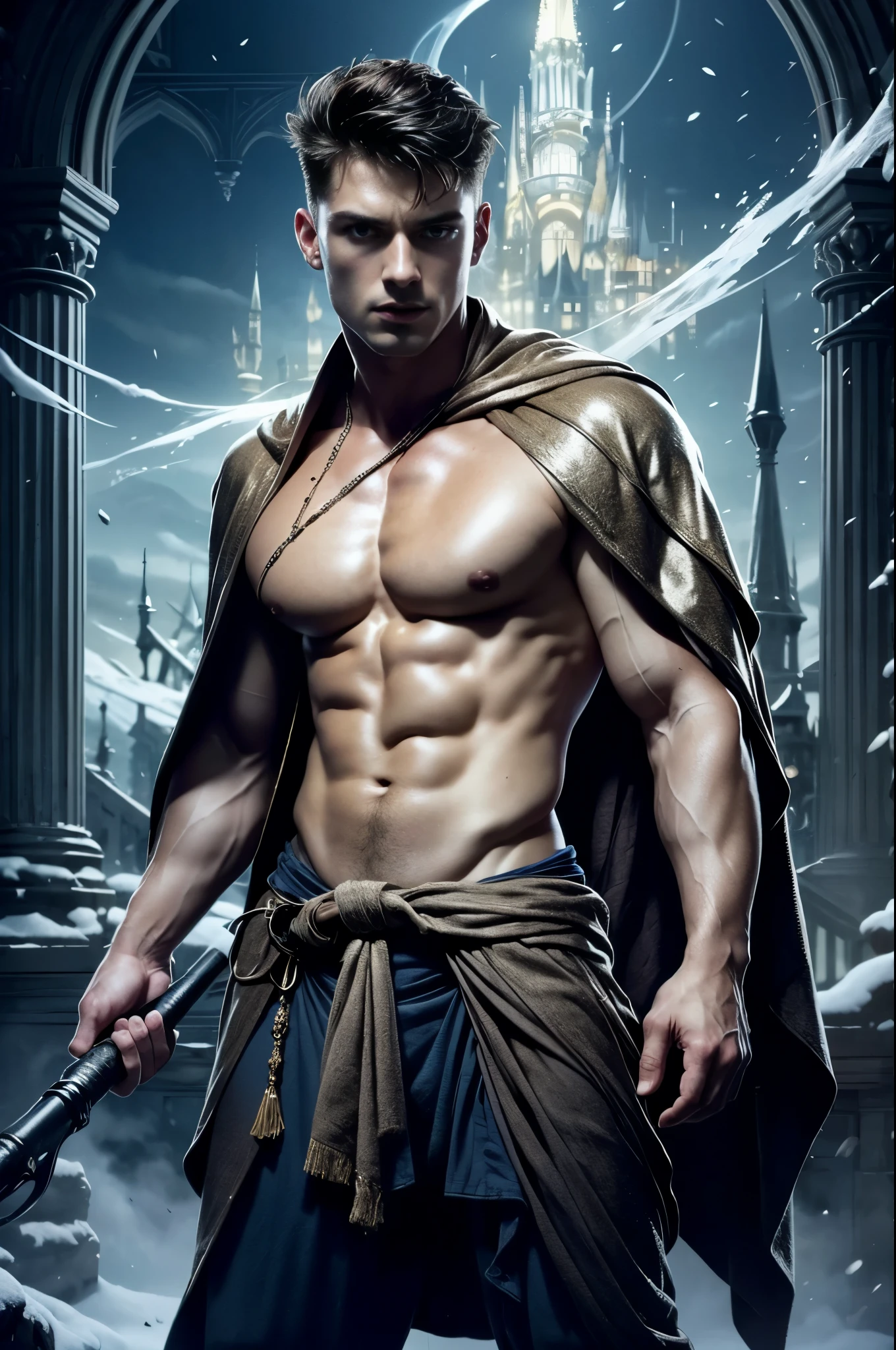 Photo-realistic, ((best quality)), ((masterpiece)), (detailed), masculine portrait of a young wizard,18-year-old male models, handsome young, tall, cute looking, cute look, evil looking, powerful wizard, young male model, handsome, clean shave face, handsome model, clean shave, blue eyes, (wavy messy short hair:1.2), short wavy messy silver hair, messy wavy hair, short hair, super strong, muscular, fit, lean muscles, six pack, shirtless, bare-chested, pantless, muscle, ripped, strong body, fit body, half-naked, topless, ripped, strong body, fit body, great chest, amazing arms, wizard cloak, wizard robe, magic wand, magical powers, wizard world, spartan loincloth, magical antique draped cloth skirt, snowy forest, old castle background, 8k, high detailed, ultra-detailed, Stylish Pose, real skin texture, dark cinematic lighting, wild wind,