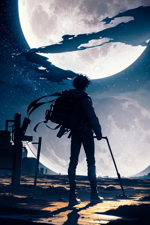 highest quality,Big moon and shadow,A silhouette of a person can be seen against the backdrop of a large moon.,There is one full moon,There is a mood,Beautiful scenery,Starry Sky
