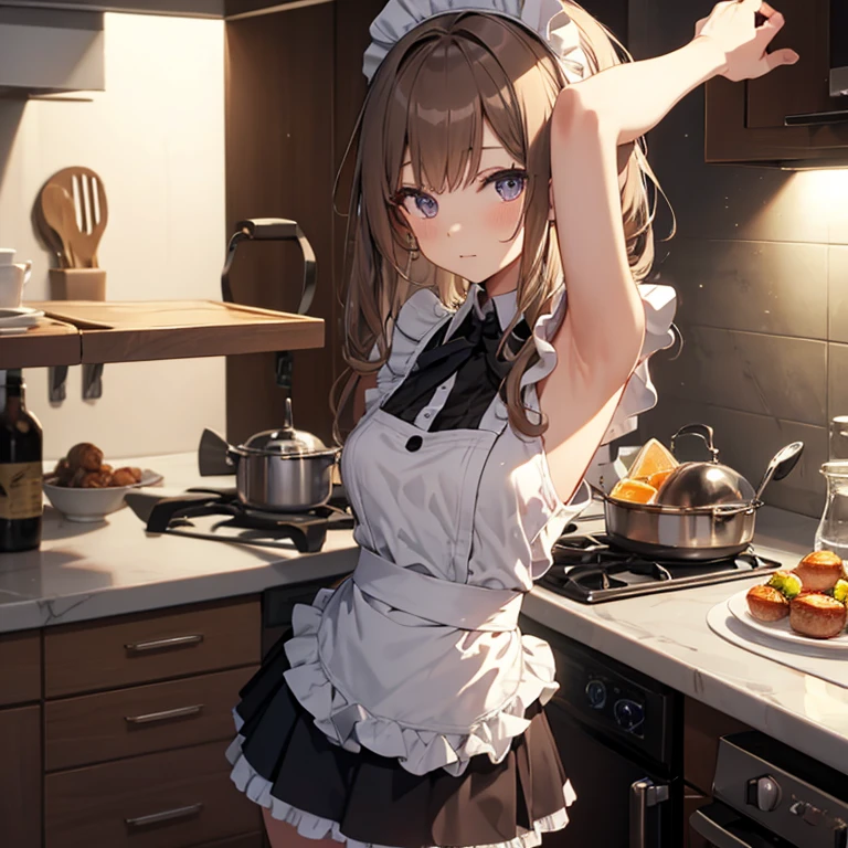 A maids, (in kitchen), various hair styles, night, details face, short skirt, seducing, sleeveless, maid uniform, armpits