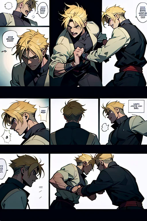 Anime guy with blonde hair fighting and getting hit, intense fight scene and detailed expressions, manga page with panels and dialogue 