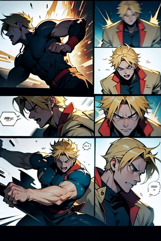 Anime guy with blonde hair fighting and getting hit, intense fight scene and detailed expressions, manga page with panels and dialogue