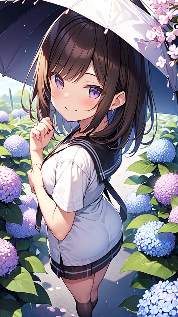 
highest quality, masterpiece, Ultra-high resolution, 8k,Rainy season sky,,((Purple spring outfits)),Show anime style , One, Soft Line Art, Digital Enhancement, shojo anime touch, shojo manga core, Flowing fabric, close, Soft Drawing, Ultra-Definition Digital Anime Art, Clear facial depiction, Super detailed girl cartoon character art, Ultra-detailed manga style, highest qualityの色,
 (Short brown hair), Wet Hair,Staring at us from the front,Beautiful brown hair, Clear brown eyes, Slightly chubby,Small breasts,The butt is small,(((Teasing Smile))),Hands,Landscape with nature,Strolling through a hydrangea garden in full bloom,Gazing at the large hydrangea,Angle that allows you to see all the way to your feet