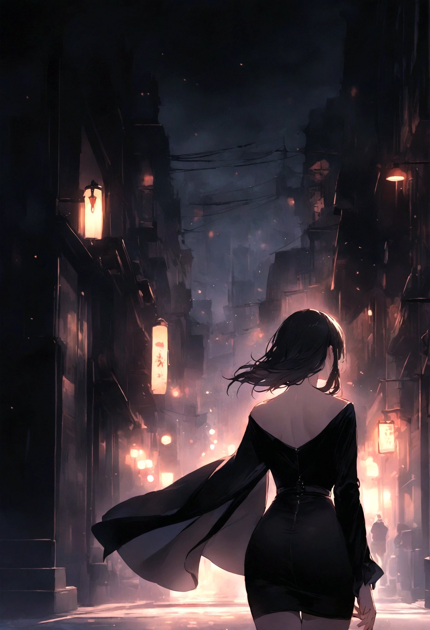 highest quality、masterpiece、City of night、Walking、Back view、One Woman