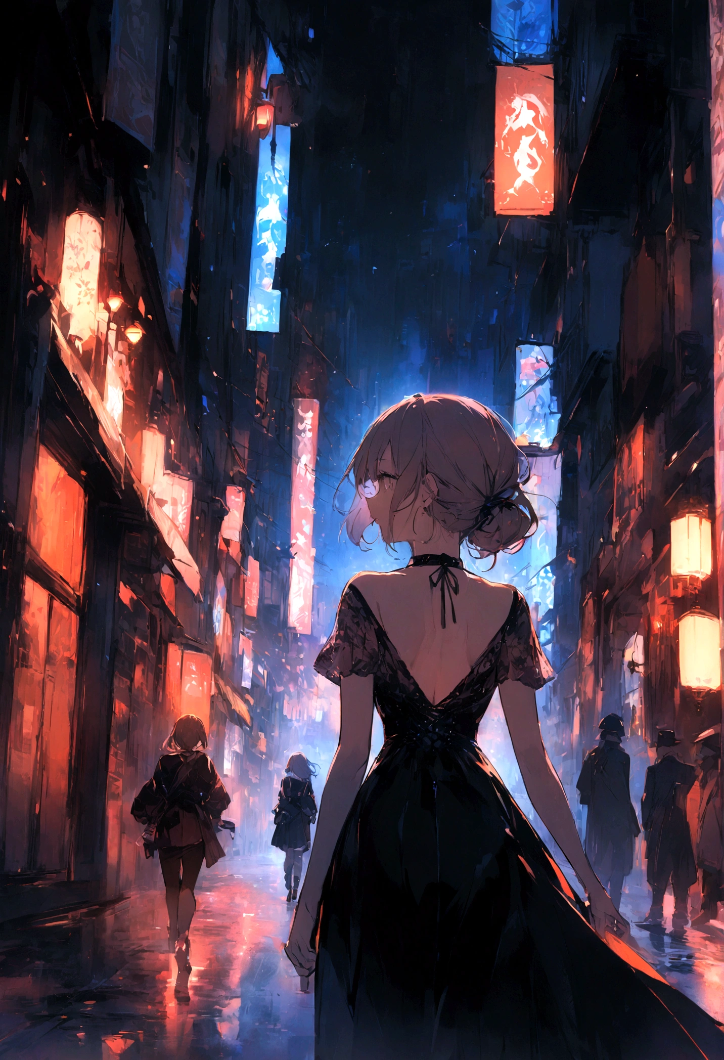 highest quality、masterpiece、City of night、Walking、Back view、One Woman