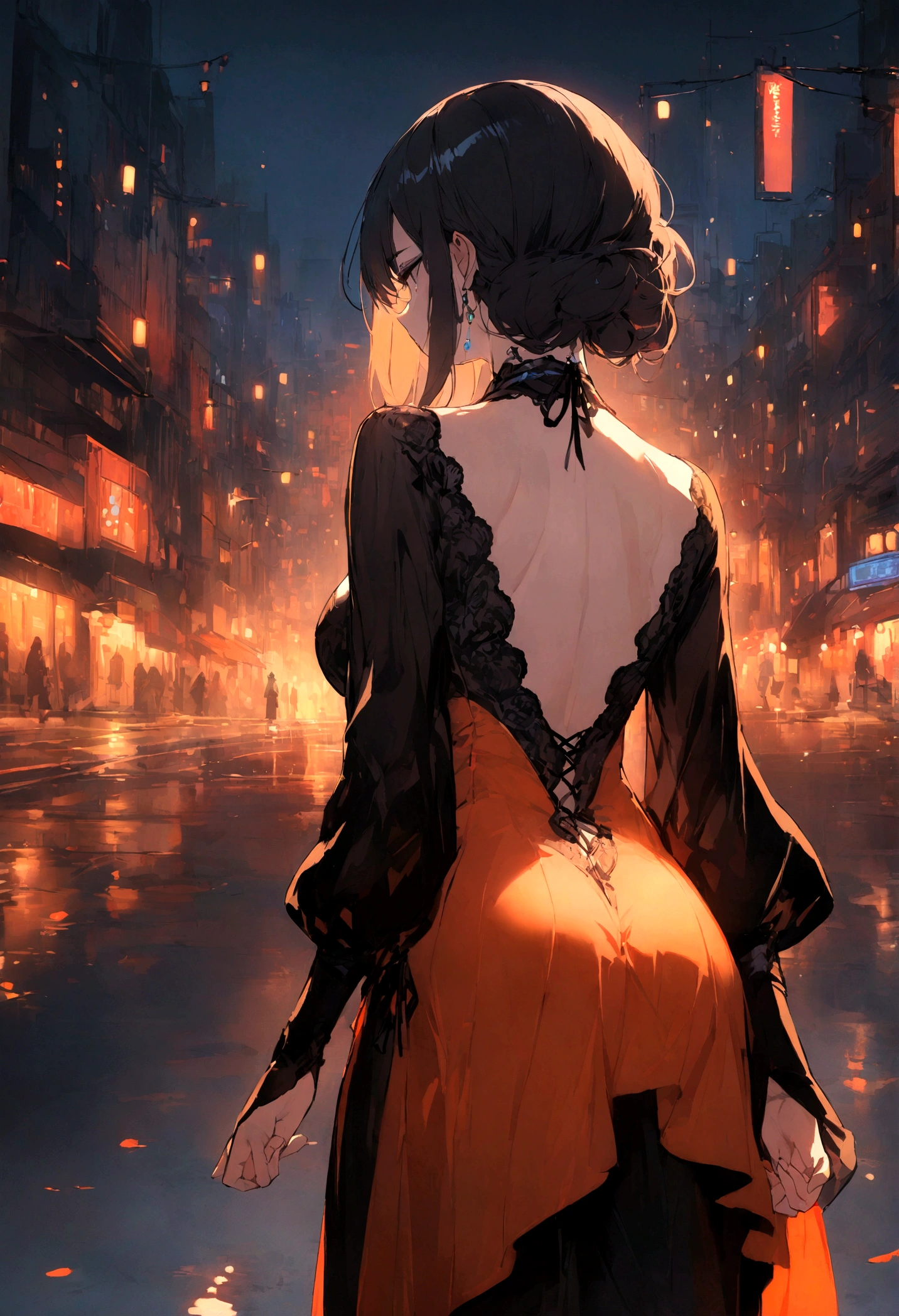 highest quality、masterpiece、City of night、Walking、Back view、One Woman