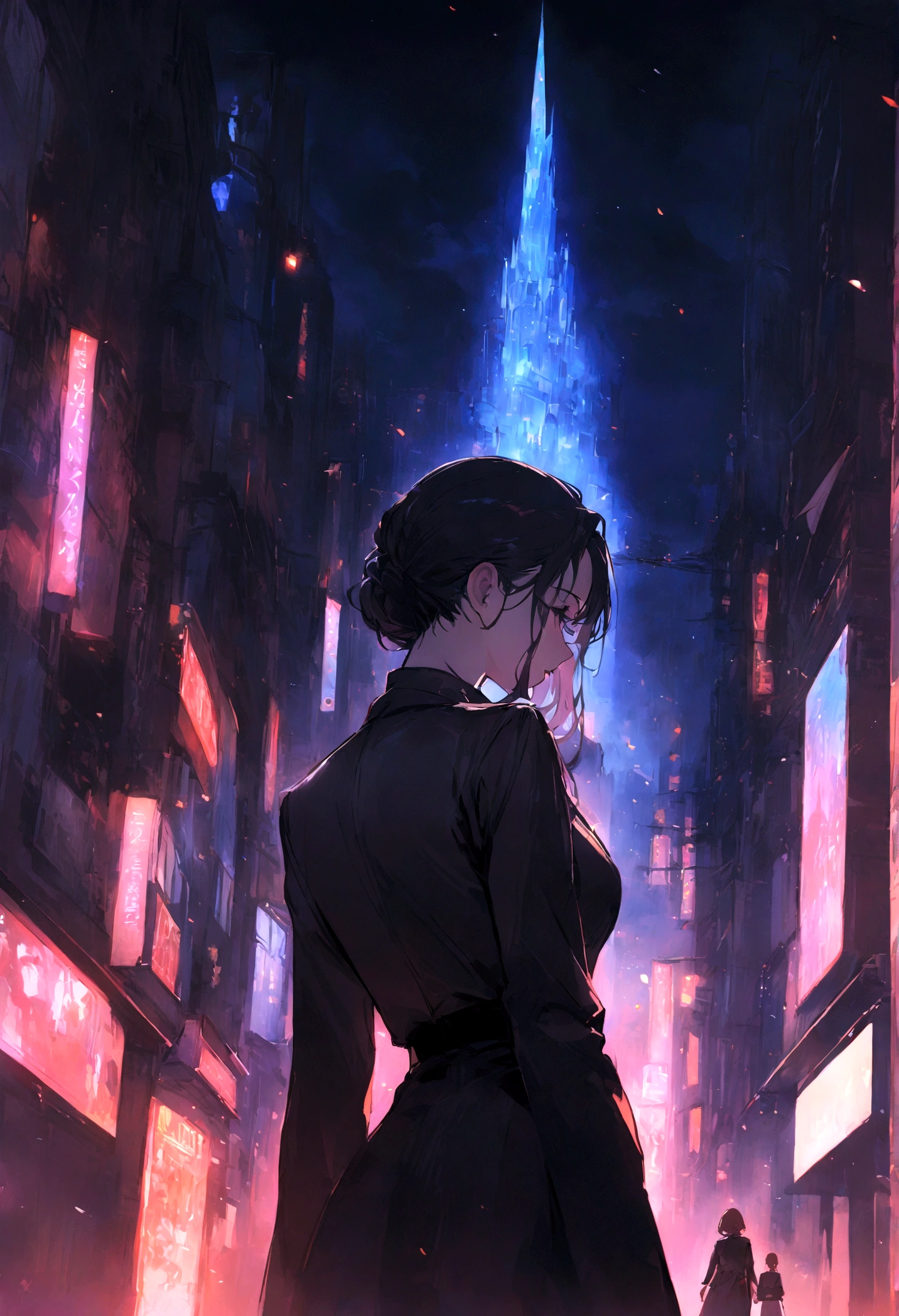 highest quality、masterpiece、City of night、Walking、Back view、One Woman