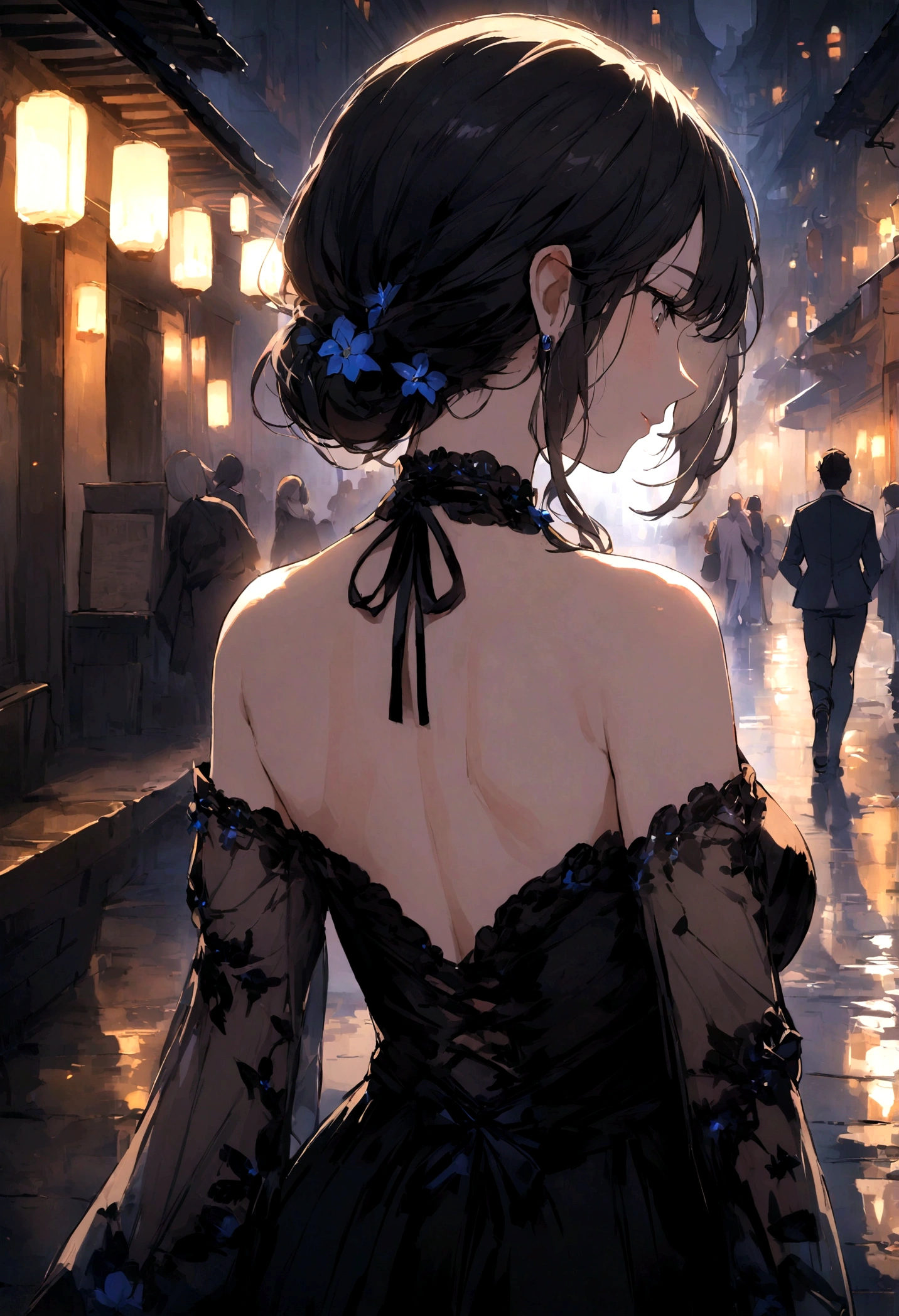 highest quality、masterpiece、City of night、Walking、Back view、One Woman