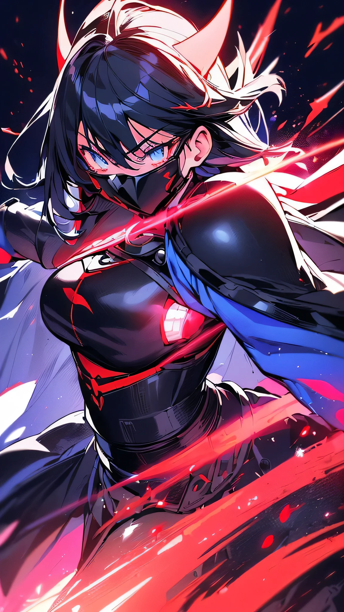 Super Realistic, Hyper Realistic, Super Detailed, (cybersamurai, 1girl, ((solo)), attacking with red sword, wearing black-blue armor and mask, cape, glowing beautiful blue eyes, glow:1.3) (glowing simple black background:1.25),standing, backup pose,cat ears