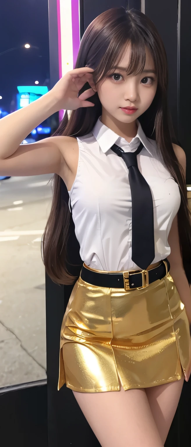 Pure idol girl、whole body、Good style、、、、、、、、、、Tanned thick legs、Night Town、Gold tight mini skirt uniform（Sleeveless and wearing a tie）、、Cross Belt