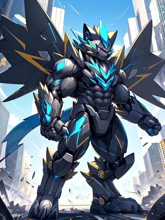 Massive armor zeraora rampage through a city, crushing buildings and vehicles beneath their unstoppable metal frames, Massive mechanical zeraora rampage through a city, crushing buildings and vehicles beneath their unstoppable metal frames,
masterpiece, official art, 8k, best quality, highly detailed, terrifying and imposing design, each creature with its own unique abilities and weapons, smoke and flames rising from the destruction in the background, a lone figure, Massive mechanical zeraora rampage through a city, crushing buildings and vehicles beneath their unstoppable metal frames, masterpiece, official art, 8k, best quality, highly detailed, terrifying and imposing design, high-tech bio-mecha armor, metallic, real texture material, (ZERAORA, 8K), (gigantic muscles, Gigachad Muscular, big muscle, pecs, triceps, traps, unusually developed muscular body, body full of huge muscles. showing off muscles, pectorales enormes, Exaggeratedly huge muscles.),(Spread wings, It has wings, have big wings, golden wings), (whole body shines like metal, Wearing cyberpunk mecha, emphasizes the muscles, suit fully made of metal, intricate armor, Robotic suit, suit fully made of metal, cyborg), (giant zeraora, Zeraora's giant robot, Powered exoskeleton with the same design as Zeraora), (Masterpiece, highres) (Detailed head, Detailed Body, Detailed abs, full body)