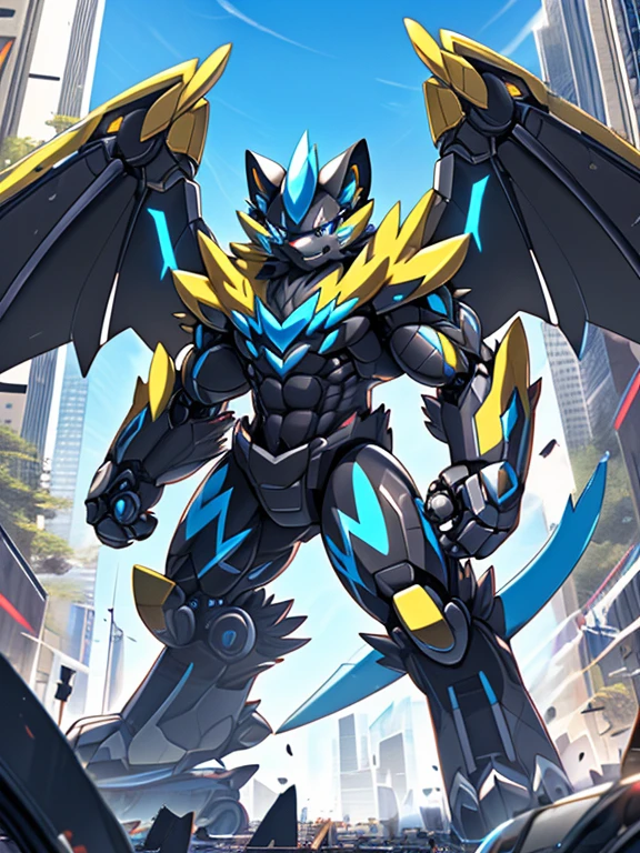 Massive armor zeraora rampage through a city, crushing buildings and vehicles beneath their unstoppable metal frames, Massive mechanical zeraora rampage through a city, crushing buildings and vehicles beneath their unstoppable metal frames,
masterpiece, official art, 8k, best quality, highly detailed, terrifying and imposing design, each creature with its own unique abilities and weapons, smoke and flames rising from the destruction in the background, a lone figure, Massive mechanical zeraora rampage through a city, crushing buildings and vehicles beneath their unstoppable metal frames, masterpiece, official art, 8k, best quality, highly detailed, terrifying and imposing design, high-tech bio-mecha armor, metallic, real texture material, (ZERAORA, 8K), (gigantic muscles, Gigachad Muscular, big muscle, pecs, triceps, traps, unusually developed muscular body, body full of huge muscles. showing off muscles, pectorales enormes, Exaggeratedly huge muscles.),(Spread wings, It has wings, have big wings, golden wings), (whole body shines like metal, Wearing cyberpunk mecha, emphasizes the muscles, suit fully made of metal, intricate armor, Robotic suit, suit fully made of metal, cyborg), (giant zeraora, Zeraora's giant robot, Powered exoskeleton with the same design as Zeraora), (Masterpiece, highres) (Detailed head, Detailed Body, Detailed abs, full body)