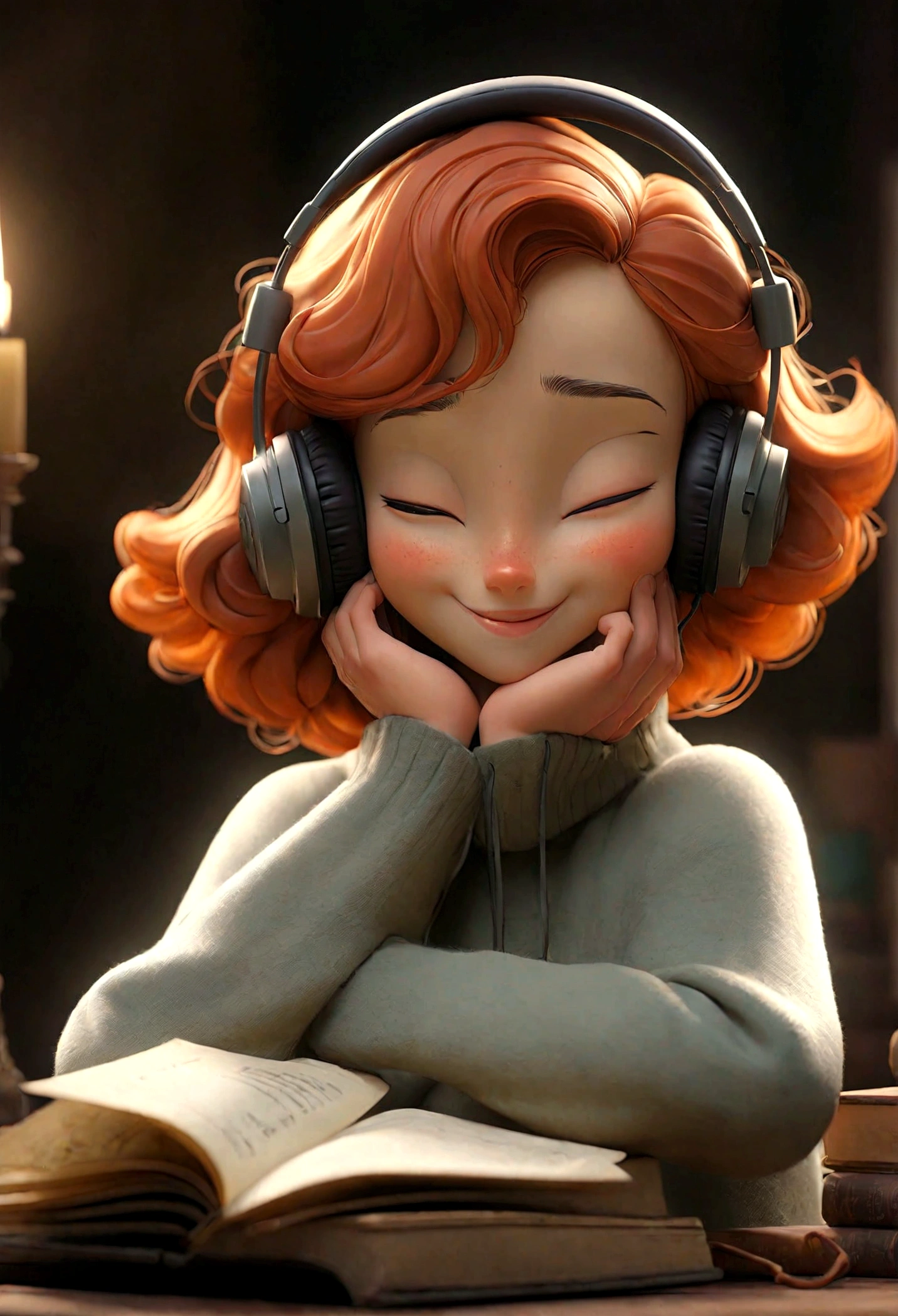 highest quality、masterpiece、night、Headphones、Listening to music、Eyes closed、smile、relax