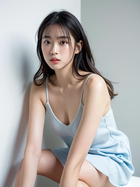 See-through tops、Big Breasts、camisole、(背景にWhite wall、Some of her hair is sky blue:1.4)、White wall、In front of a white door、(窓のあるWhite wallの部屋)、((highest quality、8k、masterpiece:1.3))、Ultra-high resolution、(photoGenuineistic:1.4)、RAW Photos、Japanese,(detailed aspects)、Genuine、Photographed in natural light、Highly detailed face and skin texture、Highly detailed lips、The correct state of the human body、Medium Hair、Black Hair、Mr.々A pose、Natural color lip, (leaning forward), (hands knee)