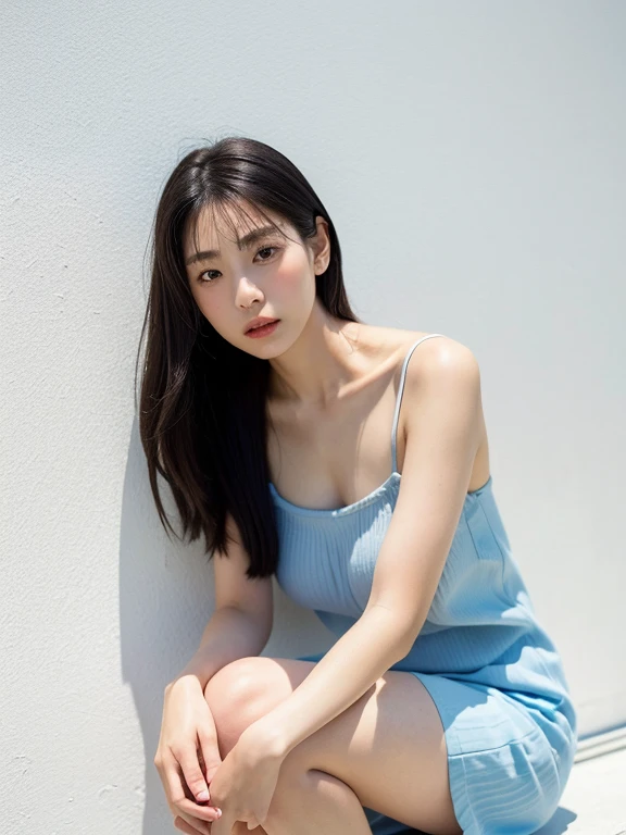 See-through tops、Big Breasts、camisole、(背景にWhite wall、Some of her hair is sky blue:1.4)、White wall、In front of a white door、(窓のあるWhite wallの部屋)、((highest quality、8k、masterpiece:1.3))、Ultra-high resolution、(photoGenuineistic:1.4)、RAW Photos、Japanese,(detailed aspects)、Genuine、Photographed in natural light、Highly detailed face and skin texture、Highly detailed lips、The correct state of the human body、Medium Hair、Black Hair、Mr.々A pose、Natural color lip, (leaning forward), (hands knee)