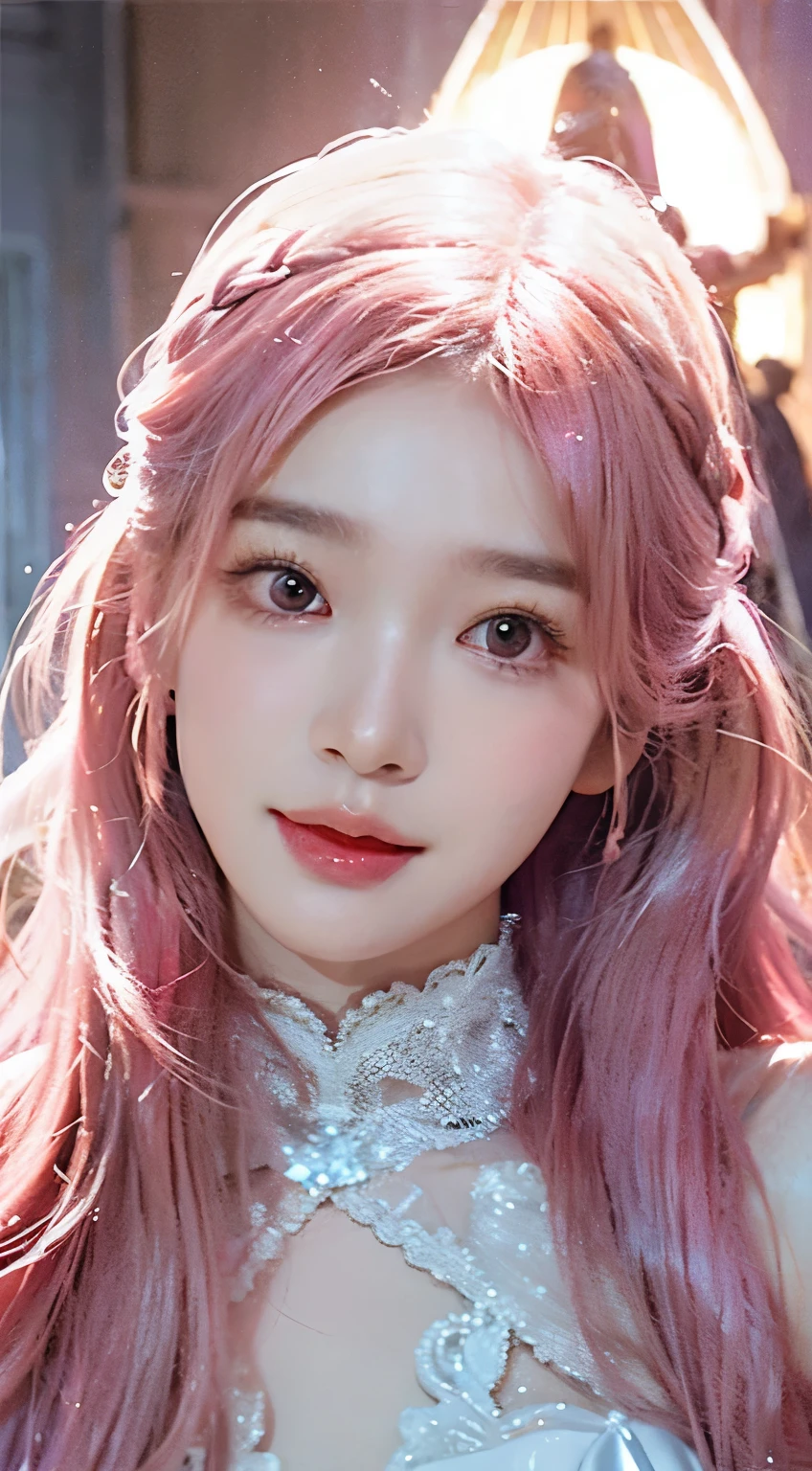 (best quality,very detailed,realistic),pinkish color,Blackpink K-Pop Idol,fantasy background,pretty smile,long wavy hair,shining makeup,shiny costumes,dreamy atmosphere,soft lighting,vivid colors,fairy-like appearance