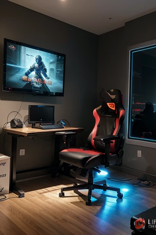 Create a small gaming room with a gaming chair and table and a gaming laptop with RGB light keyboard on it and create a bold text on the wall GAMING FOR LIFE