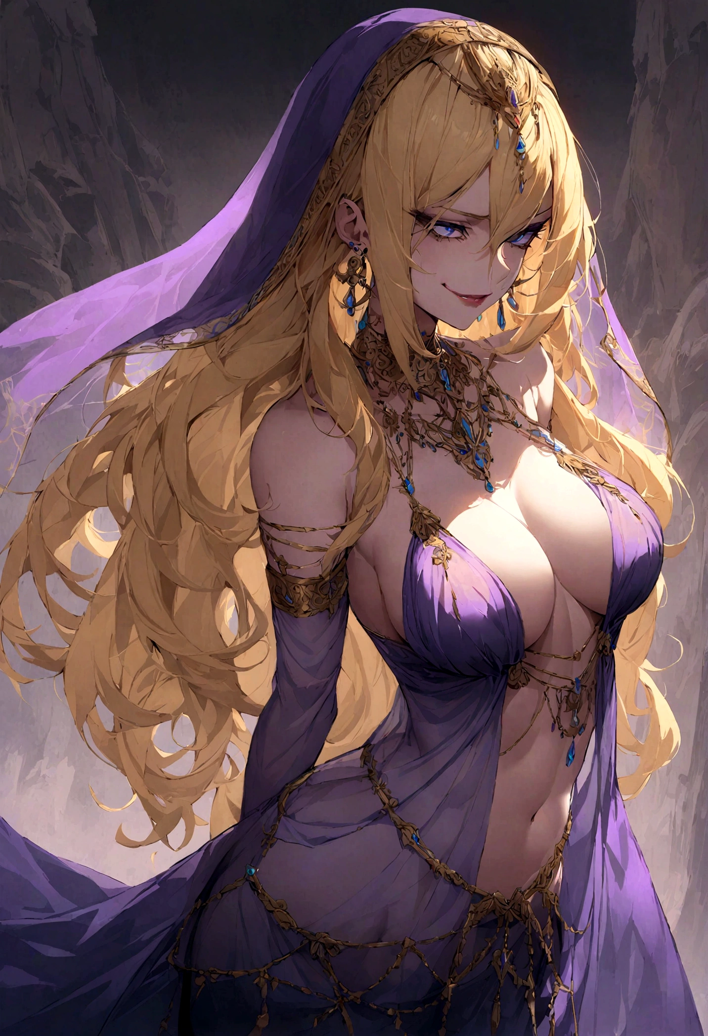She has long blonde hair cascading down her back.Piercing blue eyes. Her outfit consists of delicate, thin chains and ornamental pieces that barely cover her body. A translucent purple veil covers her lower face, with intricate jewelry adorning her neck, arms, and waist. evil smile, subservient, large breast, egyptian style clothng, tall