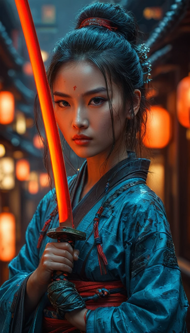 Samurai, 25yo woman, hyperrealism, very detailed skin, 4k,,, AshleyWoodArtAI,, katana profile picture, Organic Painting, night time, Matte Painting, bold shapes, hard edges, street art, trending on artstation, by Huang Guangjian and Gil Elvgren and Sachin Teng, Glow, katana