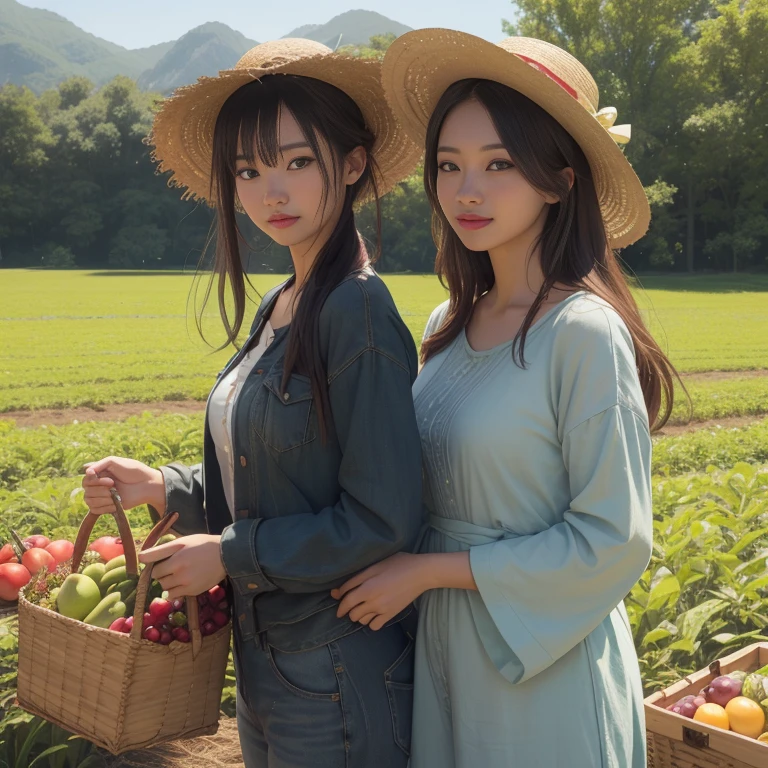 (highest quality,8k,High resolution,masterpiece:1.2),Stunningly beautiful women in their twenties,Working on the farm,Long sleeves,Long trousers,(Straw hat),Vibrant colors,Super detailed,農場のlandscape,Agricultural Tools,Bountiful harvest,Peaceful atmosphere,Warm sunshine,Sharp focus,Realistic lighting,Realistic,landscape,Portraiture,Lovely,organically grown crops,Farmland,green,fresh air,Happy expression,Farmers' Market,Plenty of fruits and vegetables,green豊かな野原,Endless rows of crops,Good harvest,Working in harmony with nature,Fulfillment and joy,cute,girl