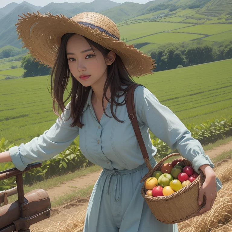 (highest quality,8k,High resolution,masterpiece:1.2),Stunningly beautiful women in their twenties,Working on the farm,Long sleeves,Long trousers,(Straw hat),Vibrant colors,Super detailed,農場のlandscape,Agricultural Tools,Bountiful harvest,Peaceful atmosphere,Warm sunshine,Sharp focus,Realistic lighting,Realistic,landscape,Portraiture,Lovely,organically grown crops,Farmland,green,fresh air,Happy expression,Farmers' Market,Plenty of fruits and vegetables,green豊かな野原,Endless rows of crops,Good harvest,Working in harmony with nature,Fulfillment and joy,cute,girl