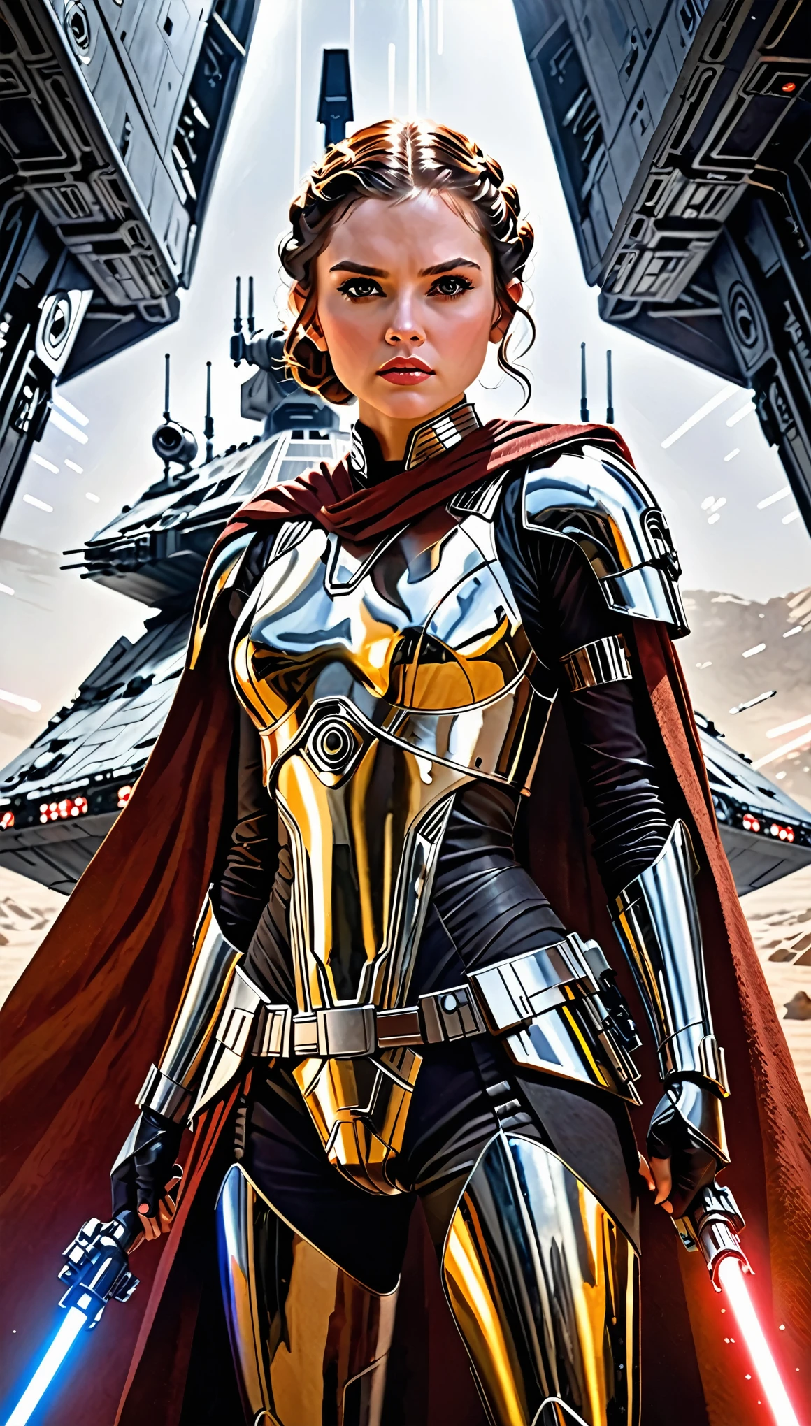 In a captivating scene in a high definition movie、The fierce Star Wars heroine appears against the backdrop of a towering Star Destroyer。The heroine, clad in distinctive armor,、Stand firm、I hold my weapon of choice tightly in my hand.。A look of determination and concentration is etched on his face.、She exudes a powerful aura that is inspiring and intimidating.。Her armor sparkles in the spotlight、Smooth and strong、It reflects the complexity of her character: vulnerable yet invincible.。This masterpiece captures a moment captured in ultra-high resolution of a raw photo.、A glimpse into the heart of the Star Wars universe、Full of film grain texture。