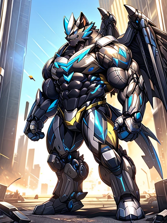 Massive mechanical zeraora rampage through a city, crushing buildings and vehicles beneath their unstoppable metal frames, masterpiece, official art, 8k, best quality, highly detailed, terrifying and imposing design, 
high-tech bio-mecha armor, metallic, real texture material, (ZERAORA, 8K), (gigantic muscles, Gigachad Muscular, big muscle, pecs, triceps, traps, unusually developed muscular body, body full of huge muscles. showing off muscles, pectorales enormes, Exaggeratedly huge muscles.),(Spread wings, It has wings, have big wings, golden wings), (whole body shines like metal, Wearing cyberpunk mecha, emphasizes the muscles, suit fully made of metal, intricate armor, Robotic suit, suit fully made of metal, cyborg),