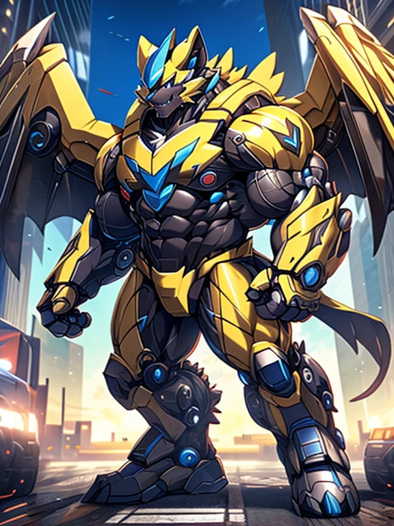 Massive mechanical zeraora rampage through a city, crushing buildings and vehicles beneath their unstoppable metal frames, masterpiece, official art, 8k, best quality, highly detailed, terrifying and imposing design, 
high-tech bio-mecha armor, metallic, real texture material, (ZERAORA, 8K), (gigantic muscles, Gigachad Muscular, big muscle, pecs, triceps, traps, unusually developed muscular body, body full of huge muscles. showing off muscles, pectorales enormes, Exaggeratedly huge muscles.),(Spread wings, It has wings, have big wings, golden wings), (whole body shines like metal, Wearing cyberpunk mecha, emphasizes the muscles, suit fully made of metal, intricate armor, Robotic suit, suit fully made of metal, cyborg),