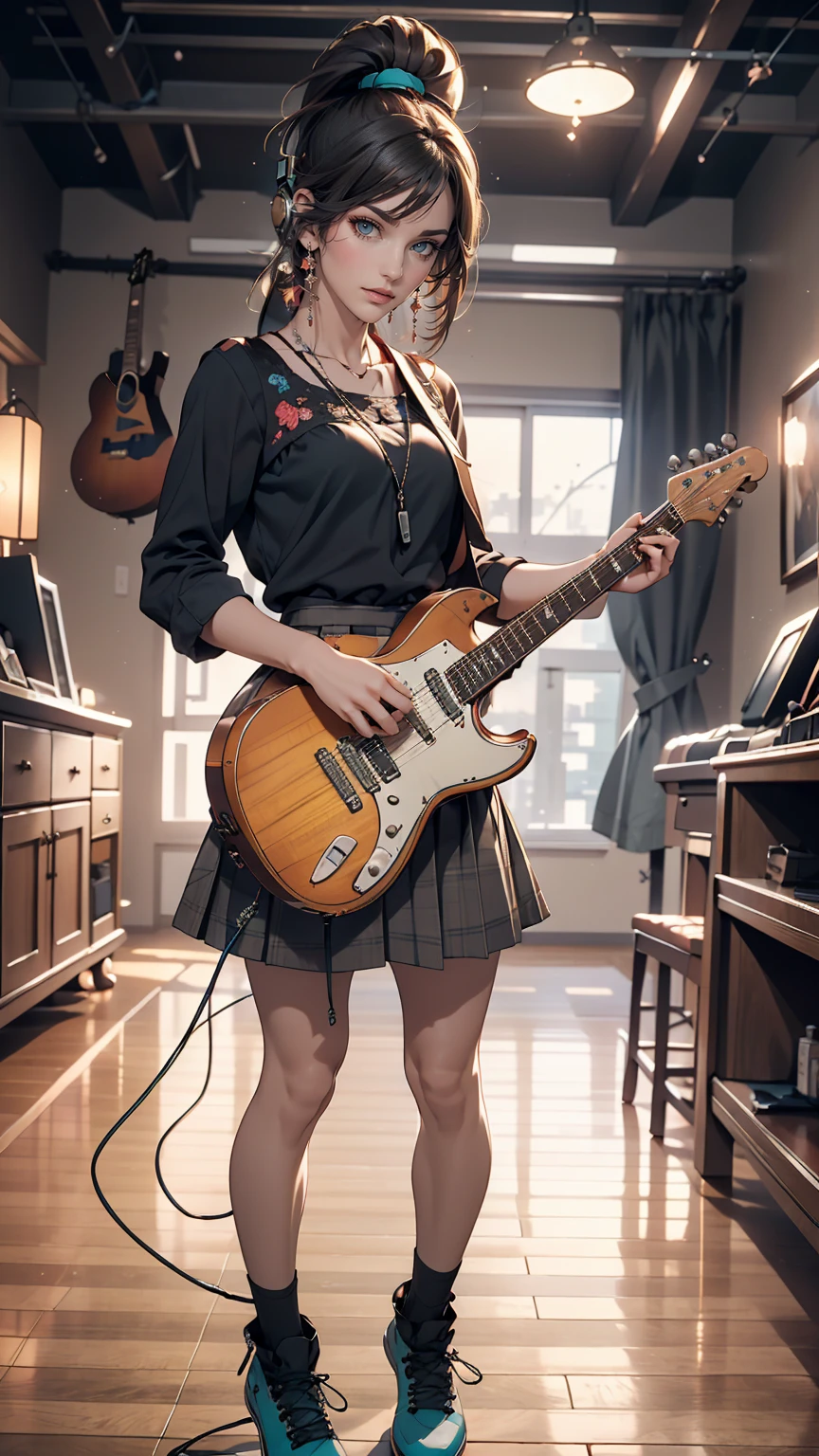 ((masterpiece, highest quality))One girl, alone, Black Dress, blue eyes, electric guitar, guitar, Headphones, Double Ponytail, Holding, Holding plectrum, musical instrument, Long Hair, music, One side up, Turquoise Hair, Twin tails, guitarを弾く, Pleated skirt, Black Shirt, interior