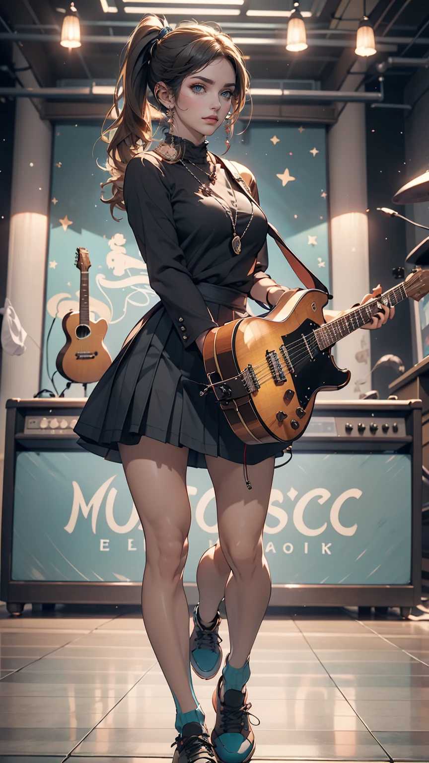 ((masterpiece, highest quality))One girl, alone, Black Dress, blue eyes, electric guitar, guitar, Headphones, Double Ponytail, Holding, Holding plectrum, musical instrument, Long Hair, music, One side up, Turquoise Hair, Twin tails, guitarを弾く, Pleated skirt, Black Shirt, interior
